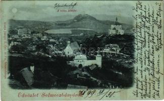 1899 (Vorläufer) Selmecbánya, Schemnitz, Banská Stiavnica; Piargská brána, Novy zámok, Kalvária / Hegybányai (Szélaknai) kapu, Piargi kapu, Leányvár, Kálvária. Joerges A. kiadása / city gate, castle, calvary + "BUDAPEST - ODERBERG 21. SZ." vasúti mozgóposta bélyegző (r)