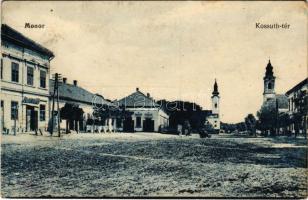 1919 Monor, Kossuth tér, templomok, Takarékpénztár, fehérnemű üzlet