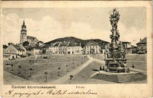 1909 Körmöcbánya, Kremnitz, Kremnica; Fő tér, Szentháromság szobor, Vártemplom, üzletek / main square, Holy Trinity statue, castle church, shops (EK)