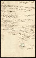 1865 Gyula, kézzel írt adásvételi szerződés, 15 kr okmánybélyeggel + 1877 Bp., IV. kerületi adó- és illetékbehajtási hivatal idézése adóügyben