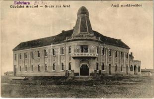 Arad, Munkás-Otthon. Kerpel Izsó kiadása / Workers movement and cultural center (gyűrődés / crease)