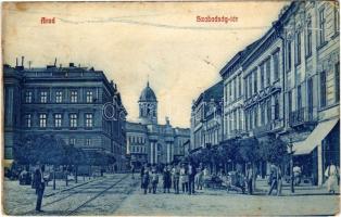 1908 Arad, Szabadság tér, Pollák János üzlete, fogorvosi műterem, piac / square, shops, market, dentist (fa)