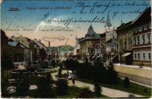 1916 Kassa, Kosice; Fő utca, szökőkút, üzletek / main street, fountain, shops (EK)
