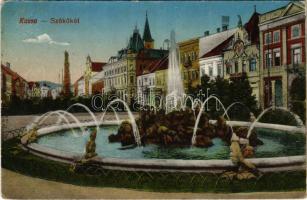 1917 Kassa, Kosice; Fő utca, szökőkút, üzletek / main street, fountain, shops (EK)