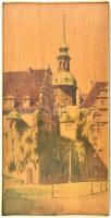 R. Vogt-Wilnsdorf (?) jelzéssel: Városi látkép tűztoronnyal. Fa falikép, fém kerettel, 30x15 cm