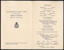 1934 SS Sierra Cordoba, Lloyd-Ostseefahrt gőzhajó reggeli menükártyája