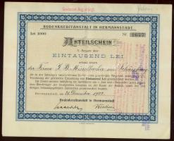 Románia/Nagyszeben 1922. "Földhitelintézet RT." részvénye 1000L-ről, német nyelven