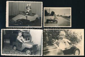 cca 1960 Gyerekek játékautóban, 4 db fotó, 6×8,5 és 8,5×13 cm közötti méretekben