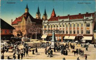 Temesvár, Timisoara; Kossuth Lajos tér, piac, villamos, Haring Gusztáv, Goldmann, Gaszner Ferenc, Wilhelm Fülöp, Weisz Sándor üzlete. Vasúti levelezőlapárusítás 63. 1915. / square, market, shops, tram (EK)