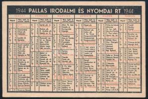 1944 Pallas Irodalmi és Nyomdai Rt. kártyanaptár