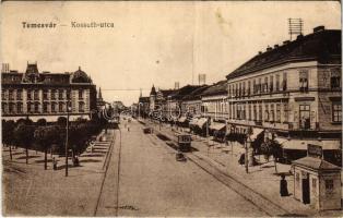 Temesvár, Timisoara; Kossuth utca, villamos, Sörcsarnok, Keppich Adolf kioszkja. Moravetz Testvérek kiadása / street, tram, beer hall, kiosk (EK)