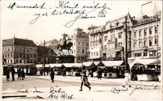 1931 Zagreb, Zágráb; Jelacicev trg / square, monument, market, tram, shops (kis szakadás / small tear)