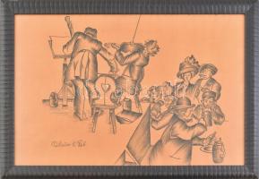 Molnár C. Pál jelzéssel: Mulatozók. Ceruza, papír. Üvegezett fakeretben. 32,5x48,5 cm