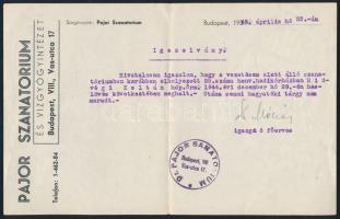 1945.IV.23. Bp., a Dr. Pajor Szanatórium értesítő levele, illetve igazolása Hidvégi Zoltán hdp. őrm. haslövés következtében bekövetkezett haláláról, felesége részére küldve, eredeti borítékjában