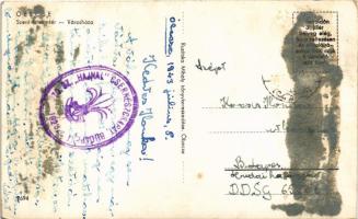 1943 Óbecse, Stari Becej; Szent István tér, Városháza, Janek Testvérek, Hubert Izidor üzlete, autóbu...