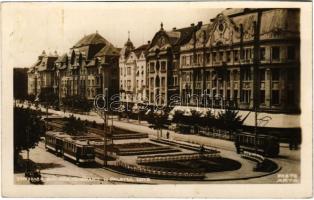 1934 Temesvár, Timisoara; Bul. Reg. Ferdinand, Palatul Lloyd / Ferdinánd király útja, villamos, Lloyd palota, üzletek / street view, tram, palace, shops (vágott / cut)