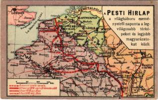 A marnei csata vonala. A Pesti Hírlap első világháborús katonai térképe, reklám / Second Battle of the Marne. WWI military map, Hungarian newspaper advertisement (EK)