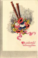 Szíves üdvözlet névnapjára! / Name Day greeting art postcard, Hungarian folklore s: Bozó (EK)
