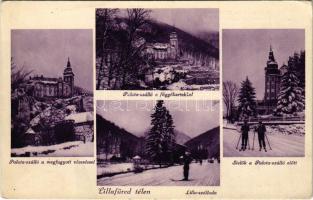 1933 Lillafüred (Miskolc), Palotaszálló a megfagyott vízeséssel, függőkertek, Lilla szálloda, síelők, téli sport (EK)