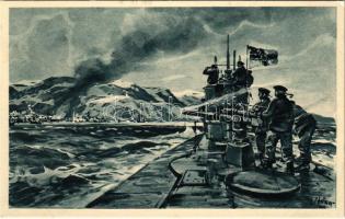 Deutsches U-Boot im Eismeer, Beschießung von Alexandrowsk. Offizielle Postkarte U-Boot-Tag Juni 1917 / WWI German Imperial Navy (Kaiserliche Marine) art postcard, submarine. Offizielle Postkarte U-Boot-Tag Juni 1917 s: Willy Stöwer (EK)