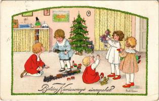 1932 Boldog karácsonyi ünnepeket / Christmas greeting art postcard, Christmas tree, children with toys, teddy bear. M. M. Nr. 1371. s: Pauli Ebner (EK)