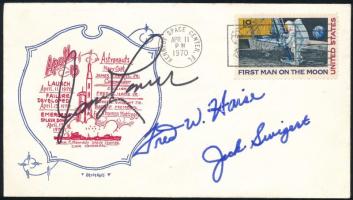 Az Apollo 13 legénysége: Jim Lowell (1928-), Jack Swigert (1931-), Fred Haise (1933-) amerikai űrhajósok autopen aláírássalval ellátott emlékboríték /   Autopen autographs of Jim Lowell (1928-), Jack Swigert (1931-), Fred Haise (1933-) American astronauts.
