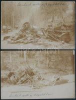 cca 1914-1918 Lezuhant autó a Kárpátokban, 2 db feliratozott fotólap, 14x9 cm