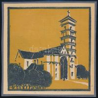 Kós Károly (1883-1977): Templom. Linómetszet, papír, jelzés nélkül, kartonra kasírozva, 10,5x10,5 cm