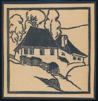 Kós Károly (1883-1977): Ház. Linómetszet, papír, jelzés nélkül, kartonra kasírozva, 11x11 cm