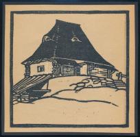 Kós Károly (1883-1977): Kalotaszegi-ház. Linómetszet, papír, jelzés nélkül, kartonra kasírozva, 11x11 cm