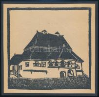 Kós Károly (1883-1977): Kúria. Linómetszet, papír, jelzés nélkül, kartonra kasírozva, 11x11 cm