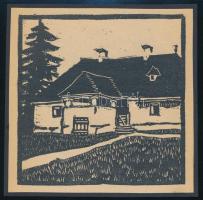Kós Károly (1883-1977): Ház. Linómetszet, papír, jelzés nélkül, kartonra kasírozva, 11x11 cm