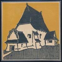 Kós Károly (1883-1977): Ház. Linómetszet, papír, jelzés nélkül, kartonra kasírozva, körbevágott, 11x11 cm