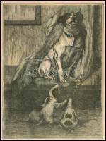 Zágonyi Szabó Lajos (?-): Kutya kölykeivel. Rézkarc, papír, jelzett, foltos, 23x18 cm
