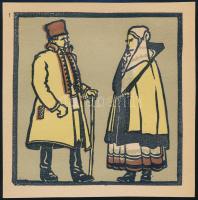 Kós Károly (1883-1977): Szász népviselet. Színes linómetszet, papír, jelzés nélkül, 10x10 cm