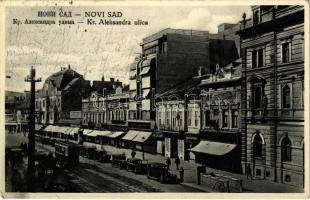 1934 Újvidék, Novi Sad; Kr. Aleksandra ulica / utca, autók, villamos, üzletek / street, automobiles, tram, shops (EK)