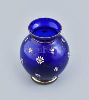 Parádi kék üveg váza, minimális kopásokkal, m: 12 cm
