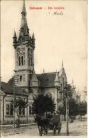 1917 Kolozsvár, Cluj; Református templom, lovashintó. Lepage Lajos kiadása / Calvinist church, horse chariot (EK) + "Zentralspital der 1. Armee"