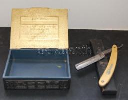 Enyhén rozsdás állapotban lévő régi borotva, mellé pedig egy fém dobozka, emlékül a haza fegyveres szolgálatáért felirattal