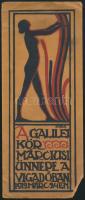 1912 A Galilei Kör márciusi ünnepe a Vigadóban, illusztrált prospektus az ünnepség programjával, Ady Endre az ünnepségre írt versével. A grafikán Graber M. jelzéssel. Bp., Világosság-ny. Kisebb sarokhiánnyal.