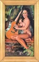Gries jelzéssel: Női akt gitárral. Olaj, vászon. Dekoratív, üvegezett, sérült fakeretben. 65x40 cm