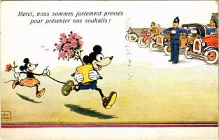 Merci, nous sommes justement presses pour présenter nos souhaits! / Mickey és Minnie egér, rendőr / Mickey and Minnie Mouse, policeman. WSSB 4379. s: John Wills (EK)