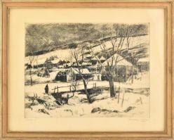 Szalóky Sándor (1921-1978): Januári hó. Rézkarc, papír, jelzett, üvegezett fakeretben, 29×38,5 cm