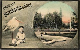1908 Buziás, Buziásfürdő, Baile Buzias; Park. Montázs gólyával és gyerekkel / spa park. Montage with stork and child (EK)
