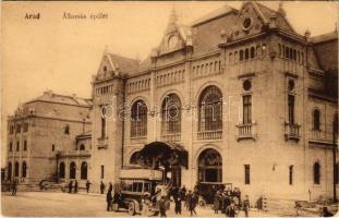 1919 Arad, Vasútállomás, emeletes autóbusz, automobil. Keppich Zsigmond kiadása / railway station, double-decker autobus, automobile (EK)