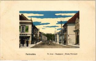 1909 Karánsebes, Caransebes; Fő utca, Reisz B. üzlete. Halász Nándor kiadása / Hauptgasse / Strada principala / main street, shops (fl)