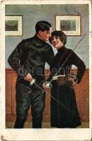 Vívó pár, sport / Fencing couple. Pantophot Vienne Nr. 22-123. (EK)