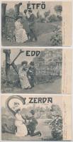 1904 A hét napjai - 7 darabos teljes bécsi romantikus képeslapsorozat, jó állapotban / Days of the Week - complete, 7-part Wiener romantic postcard series in good condition. B. K. W. I. 580/1-7. s: Th. Bauer