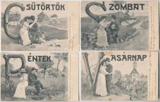 1904 A hét napjai - 7 darabos teljes bécsi romantikus képeslapsorozat, jó állapotban / Days of the W...