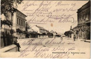 1906 Nagykároly, Carei; Széchenyi utca, Római katolikus nemzeti népiskola, Spitz Mór üzlete. Csókás László kiadása / street view, Catholic school, shops (EK)